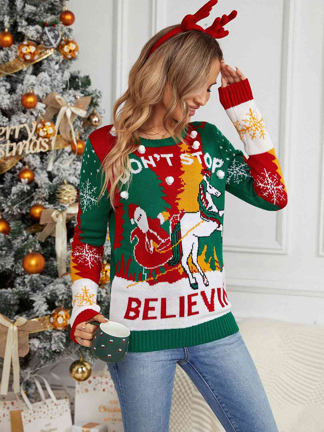 Printed Round Neck Long Sleeve Don’t Stop Sweater