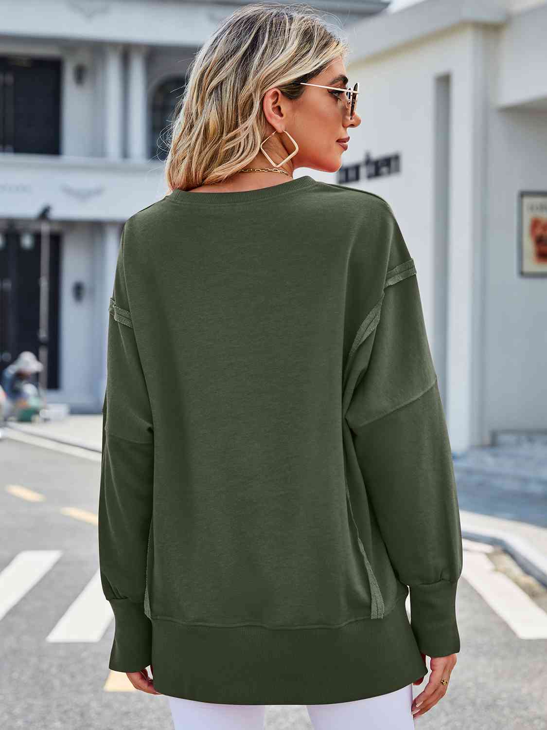Exposed Seam High-Low Round Neck Sweatshirt