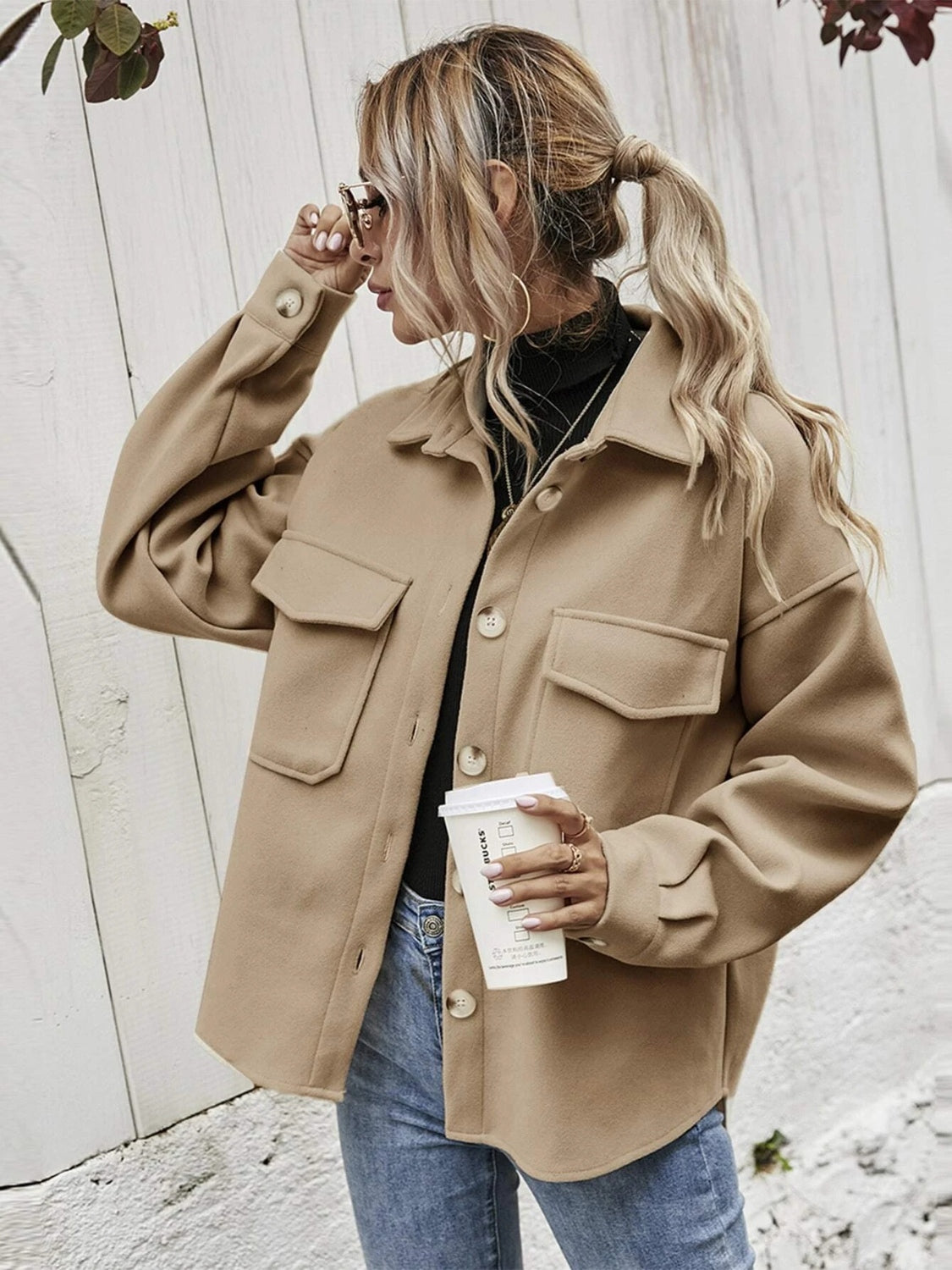 Dropped Shoulder Shacket with Pockets