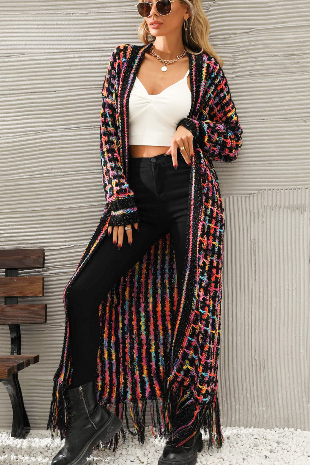 Multicolored Open Front Hem Cardigan