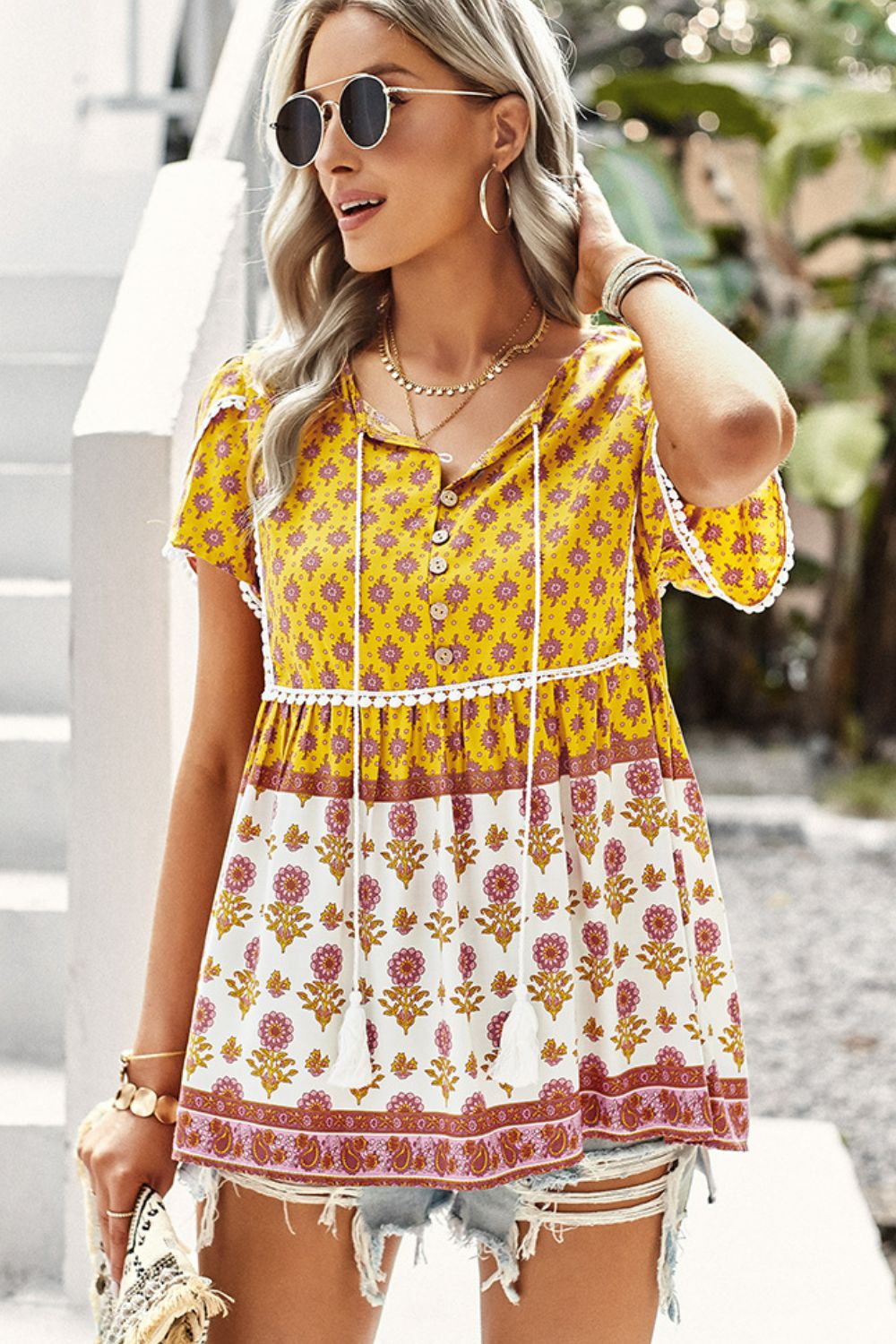Embroidered Tie-Neck Boho Blouse