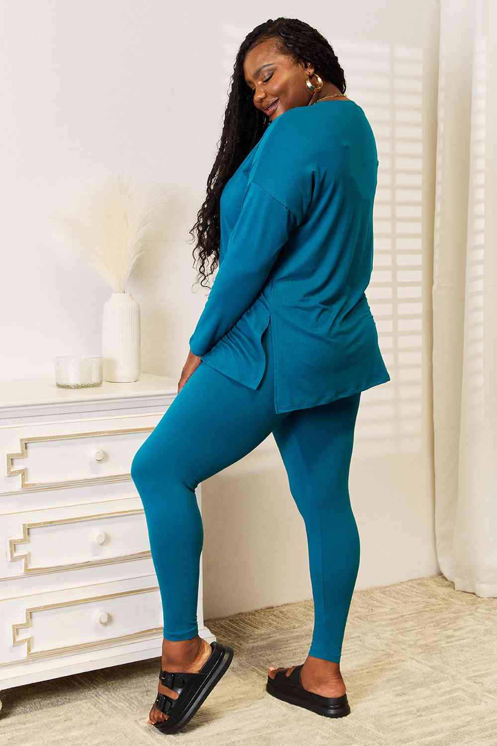 Lazy Days Full Size Long Sleeve Top and Leggings Set in Deep Teal