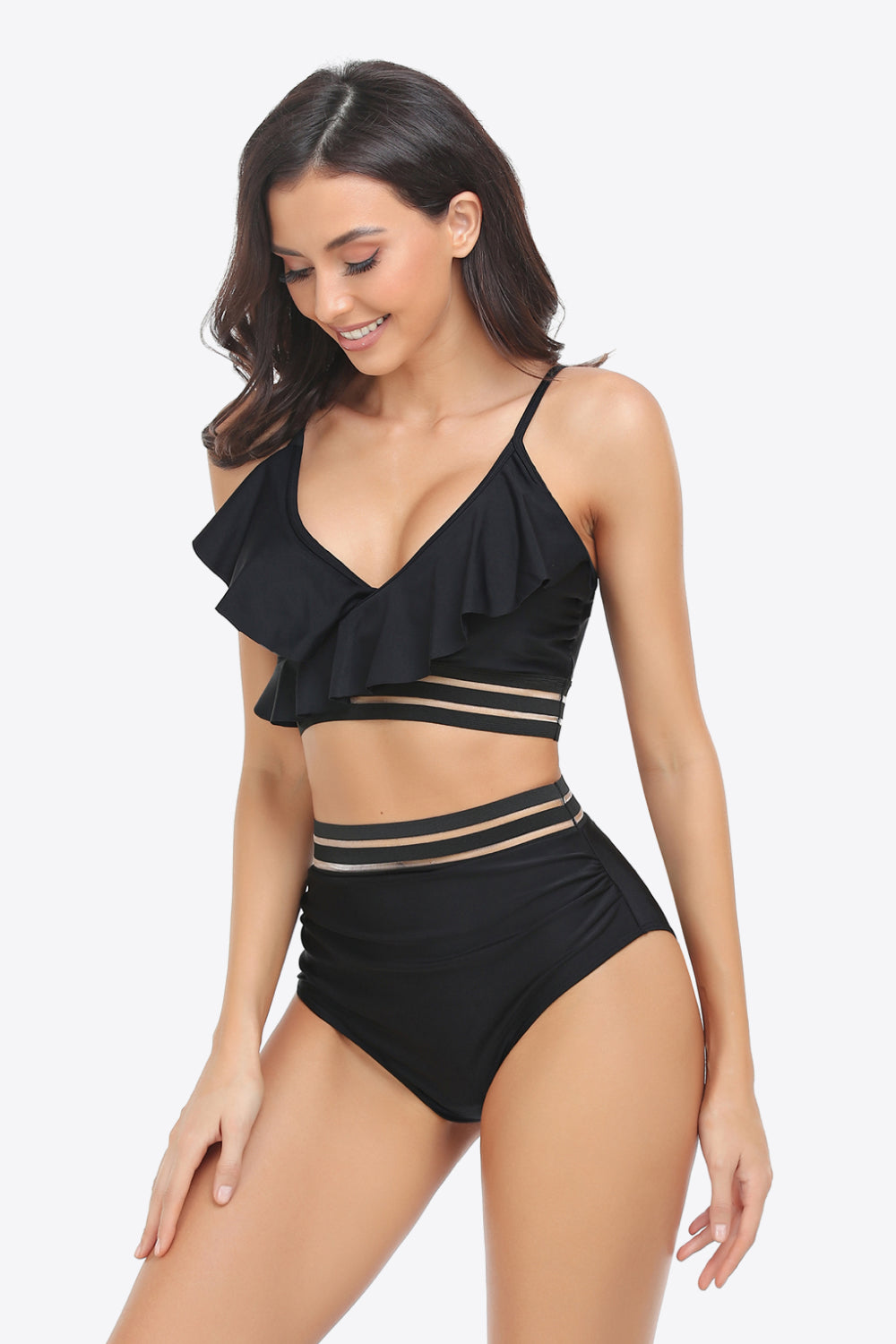 Ruffled Plunge Bikini Swimsuit Set
