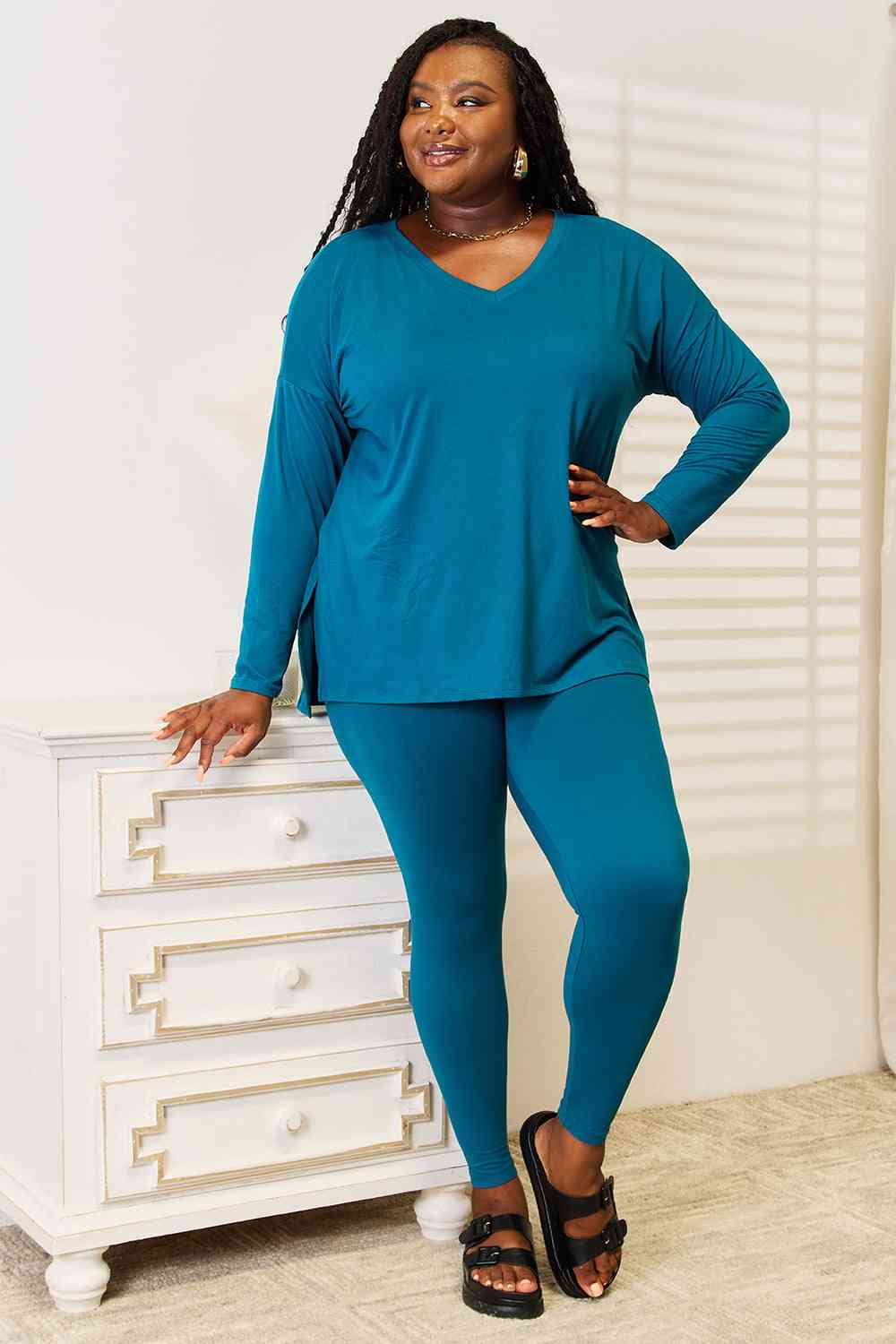 Lazy Days Full Size Long Sleeve Top and Leggings Set in Deep Teal