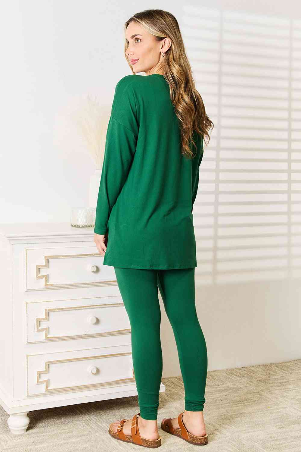 Lazy Days Full Size Long Sleeve Top and Leggings Set in Dark Green