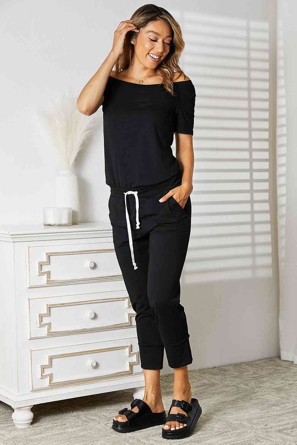 Double Take Asymmetrical Neck Tied Jumpsuit with Pockets