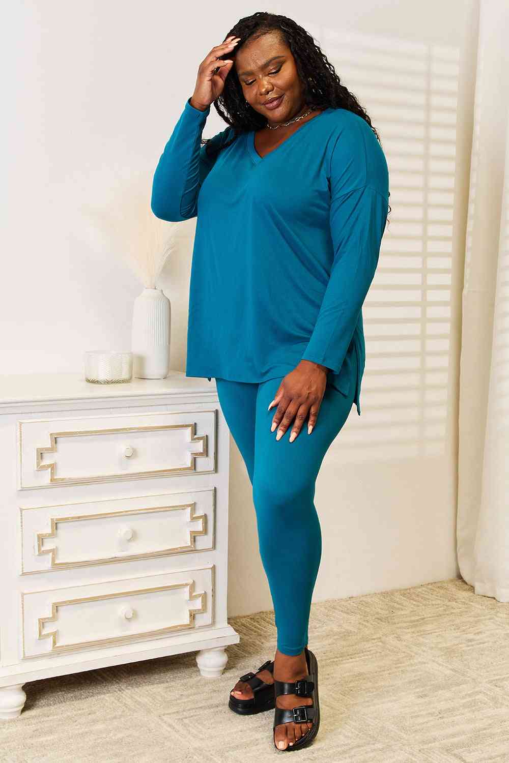 Lazy Days Full Size Long Sleeve Top and Leggings Set in Deep Teal