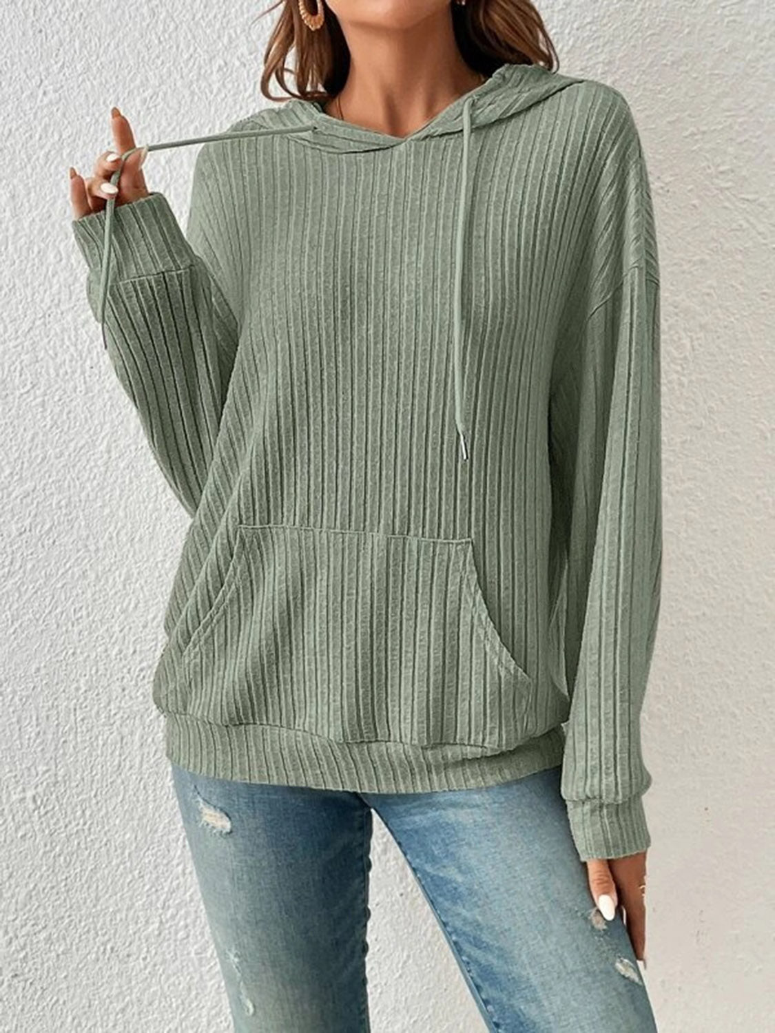 Ribbed Dropped Shoulder Hoodie
