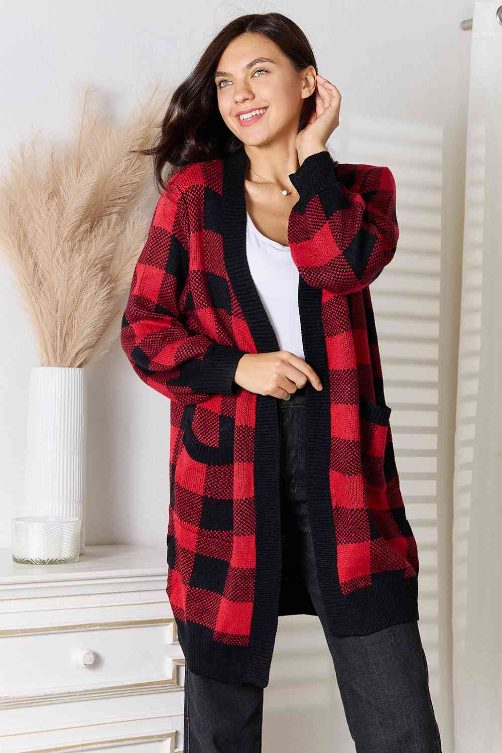 Plaid Open Front Cardigan with Pockets