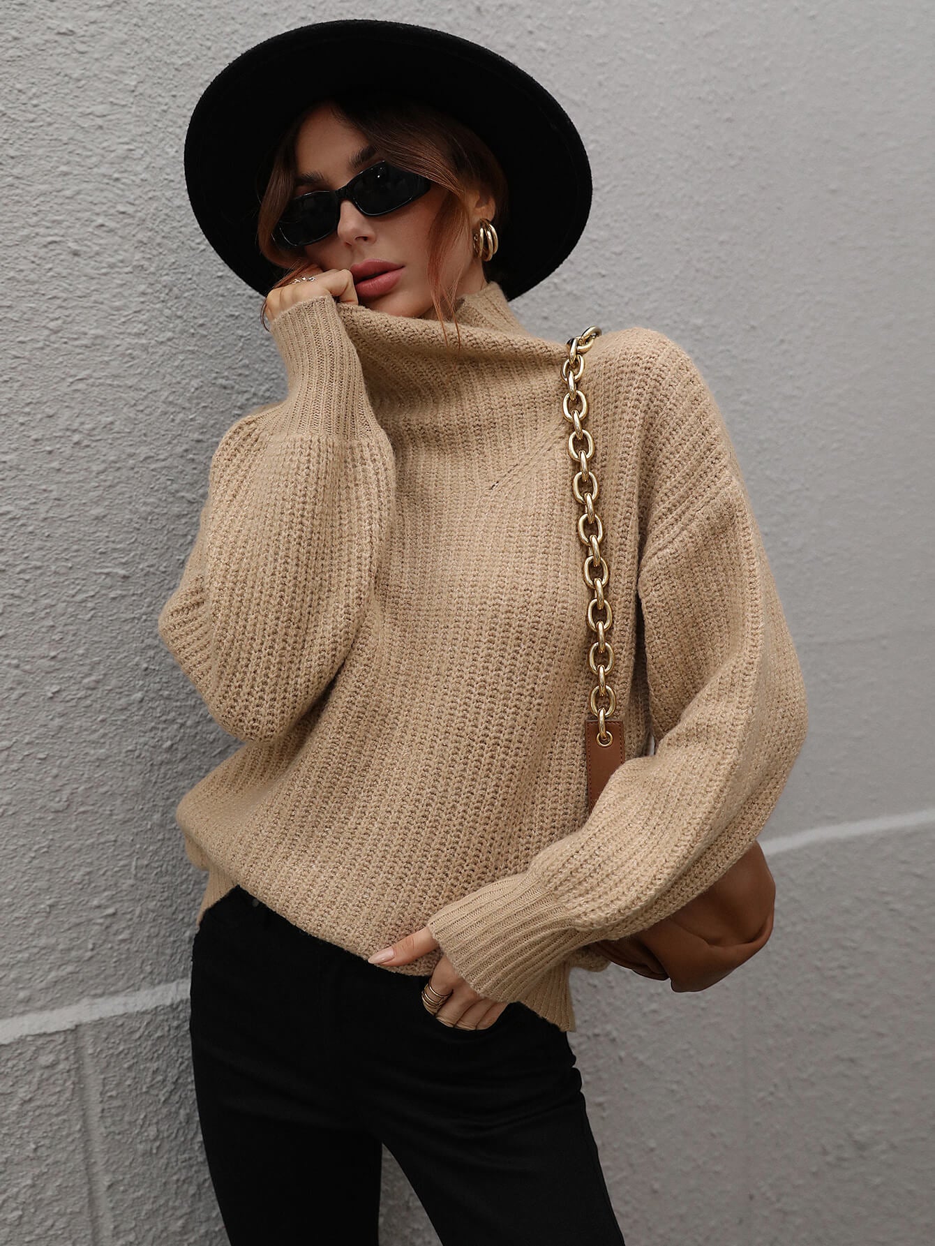 Camel Balloon Sleeve Sweater