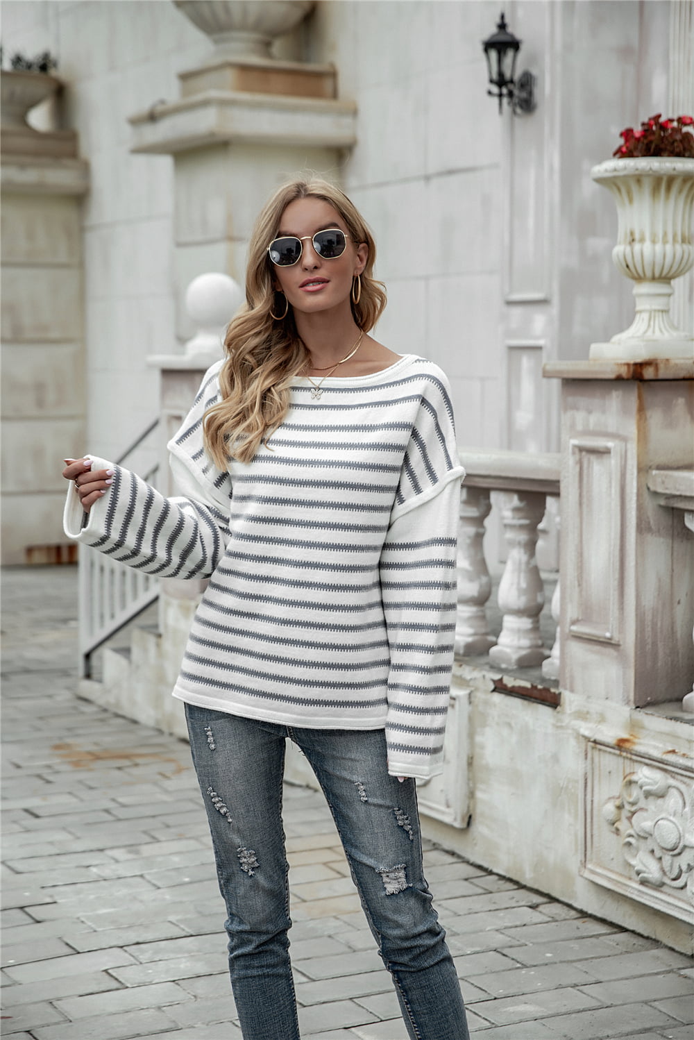 Striped Round Neck Dropped Shoulder Knit Top