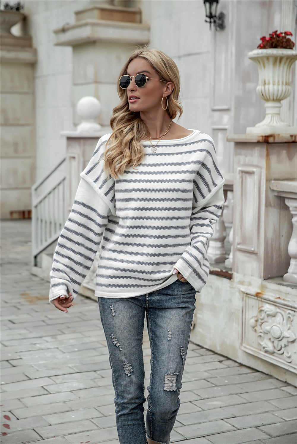 Striped Round Neck Dropped Shoulder Knit Top