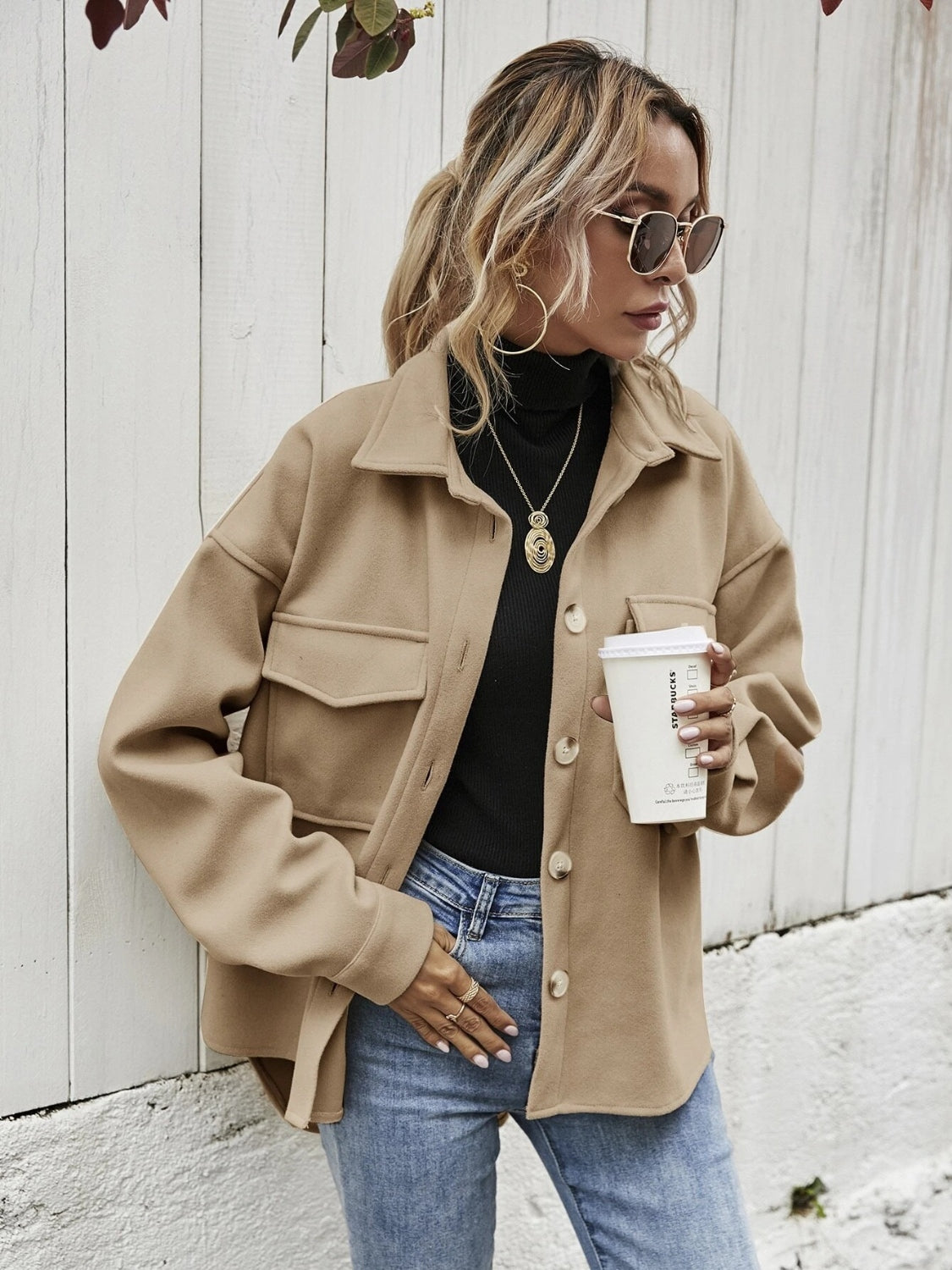 Dropped Shoulder Shacket with Pockets