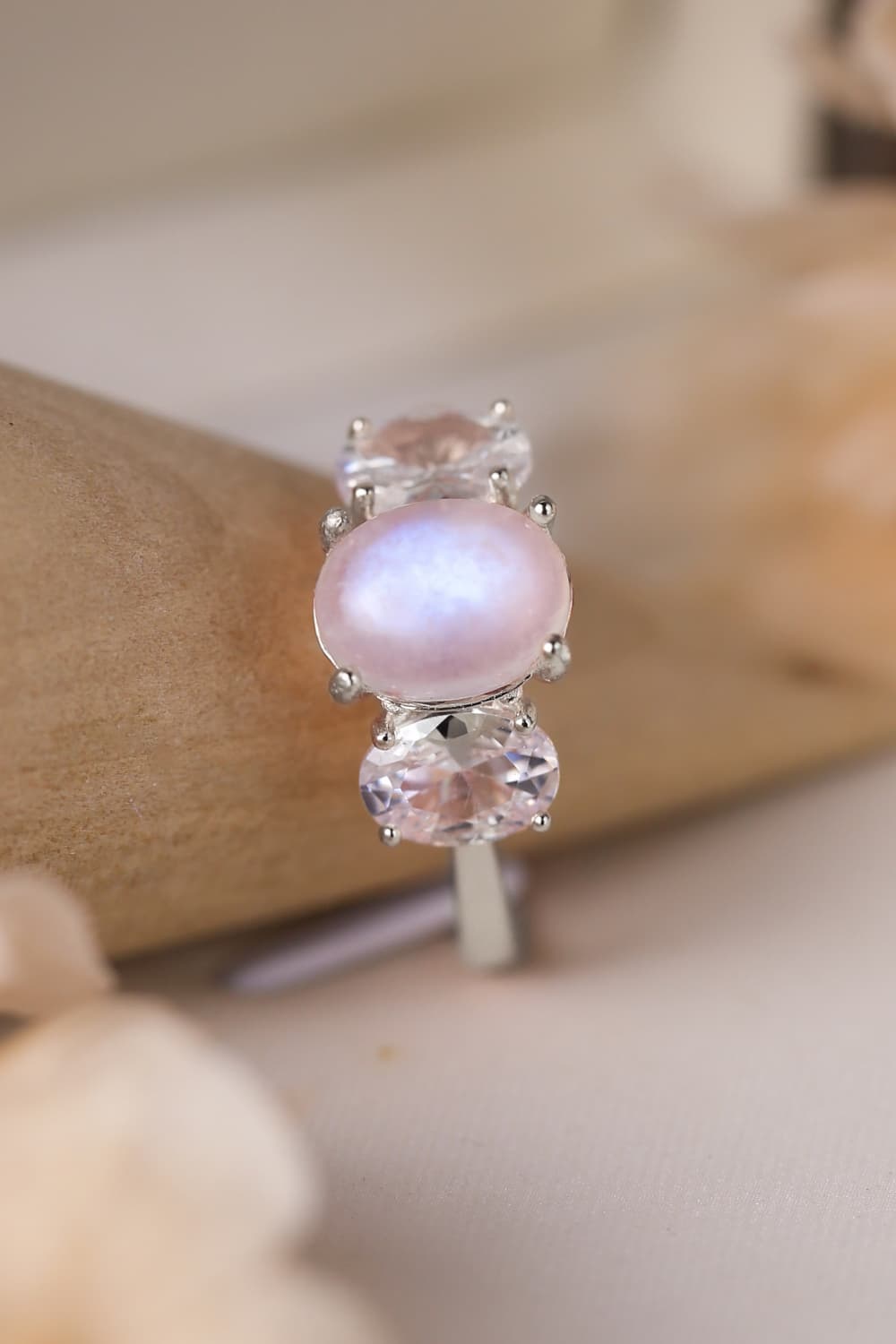 Natural Moonstone 925 Sterling Silver Three Stone Ring