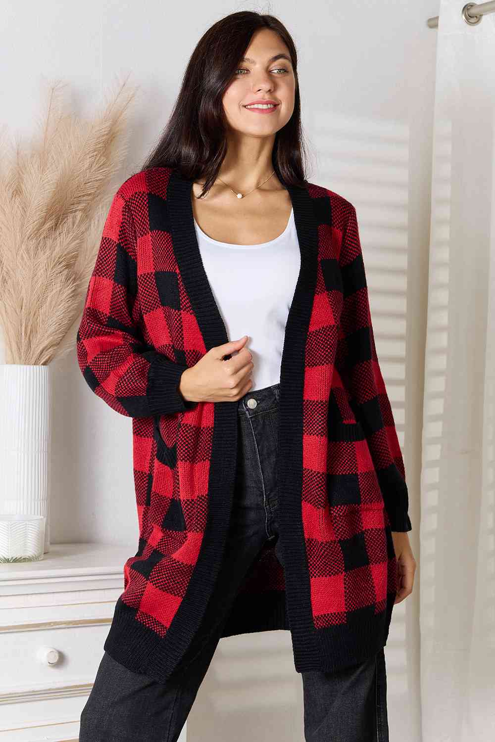 Plaid Open Front Cardigan with Pockets