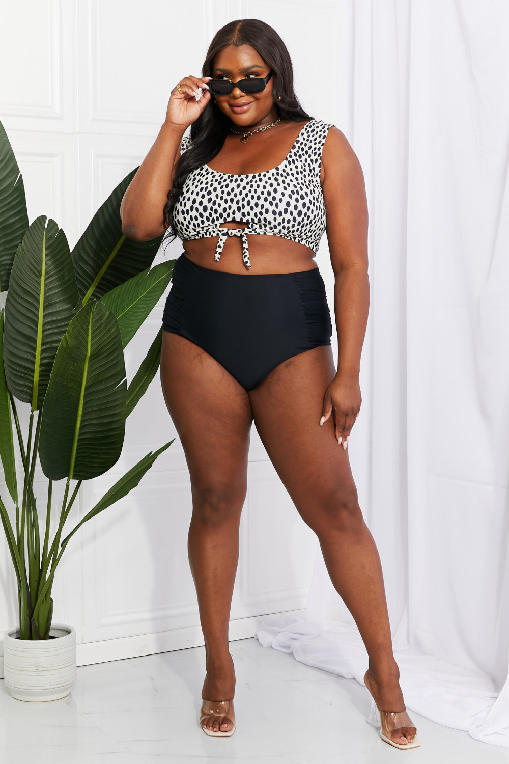 Sanibel Crop Swim Top and Ruched Bottoms Swimsuit in Black
