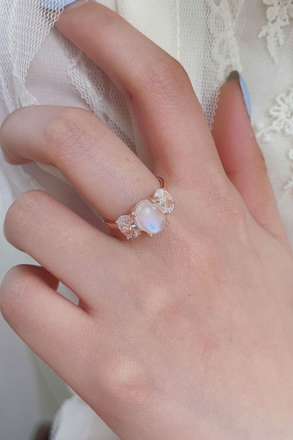 Natural Moonstone 925 Sterling Silver Three Stone Ring