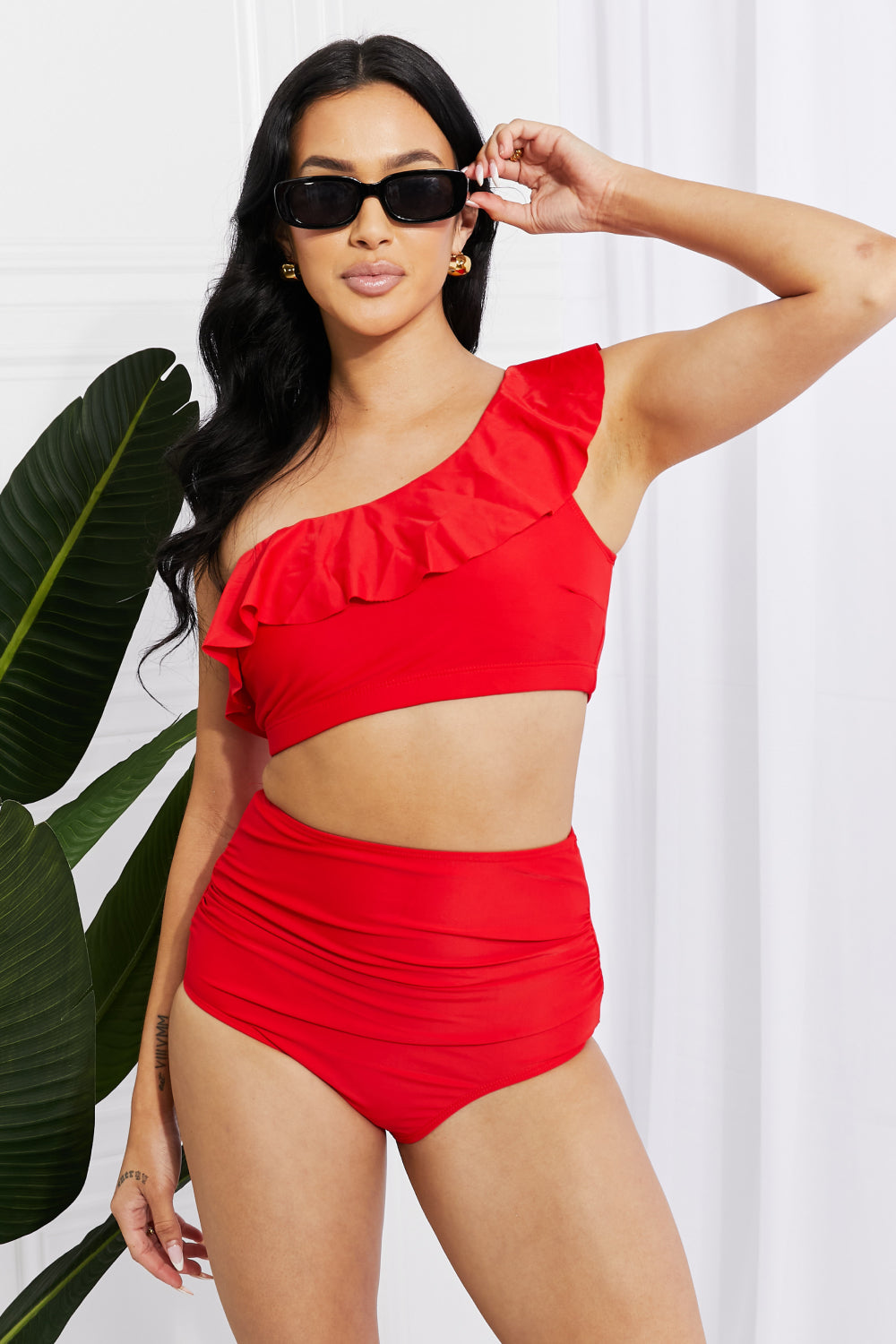 Seaside Romance Ruffle One-Shoulder Swimsuit Bikini in Red