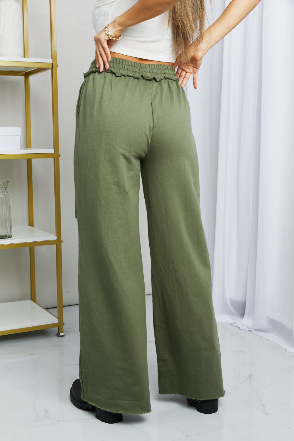 Distressed Wide Leg Pants in LT Olive