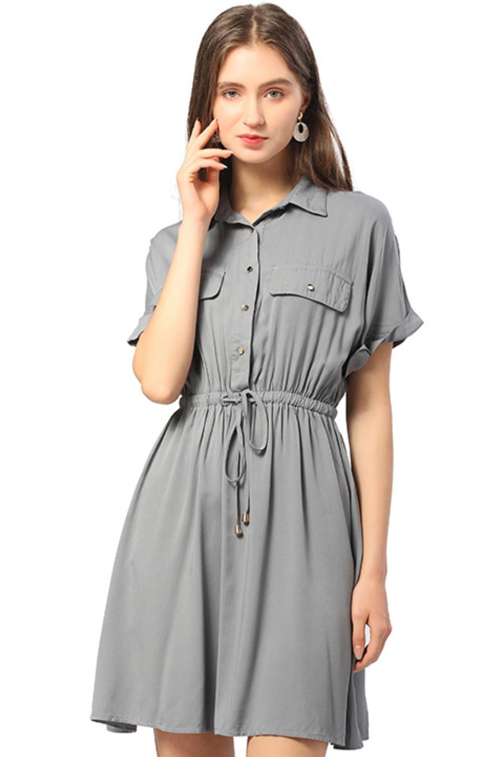 Half Button Short Sleeve Shirt Dress