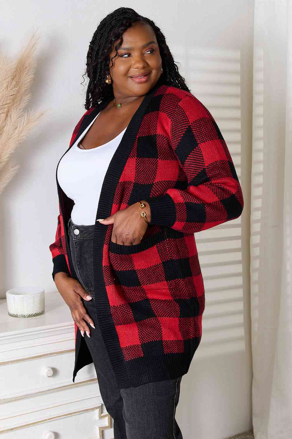 Plaid Open Front Cardigan with Pockets