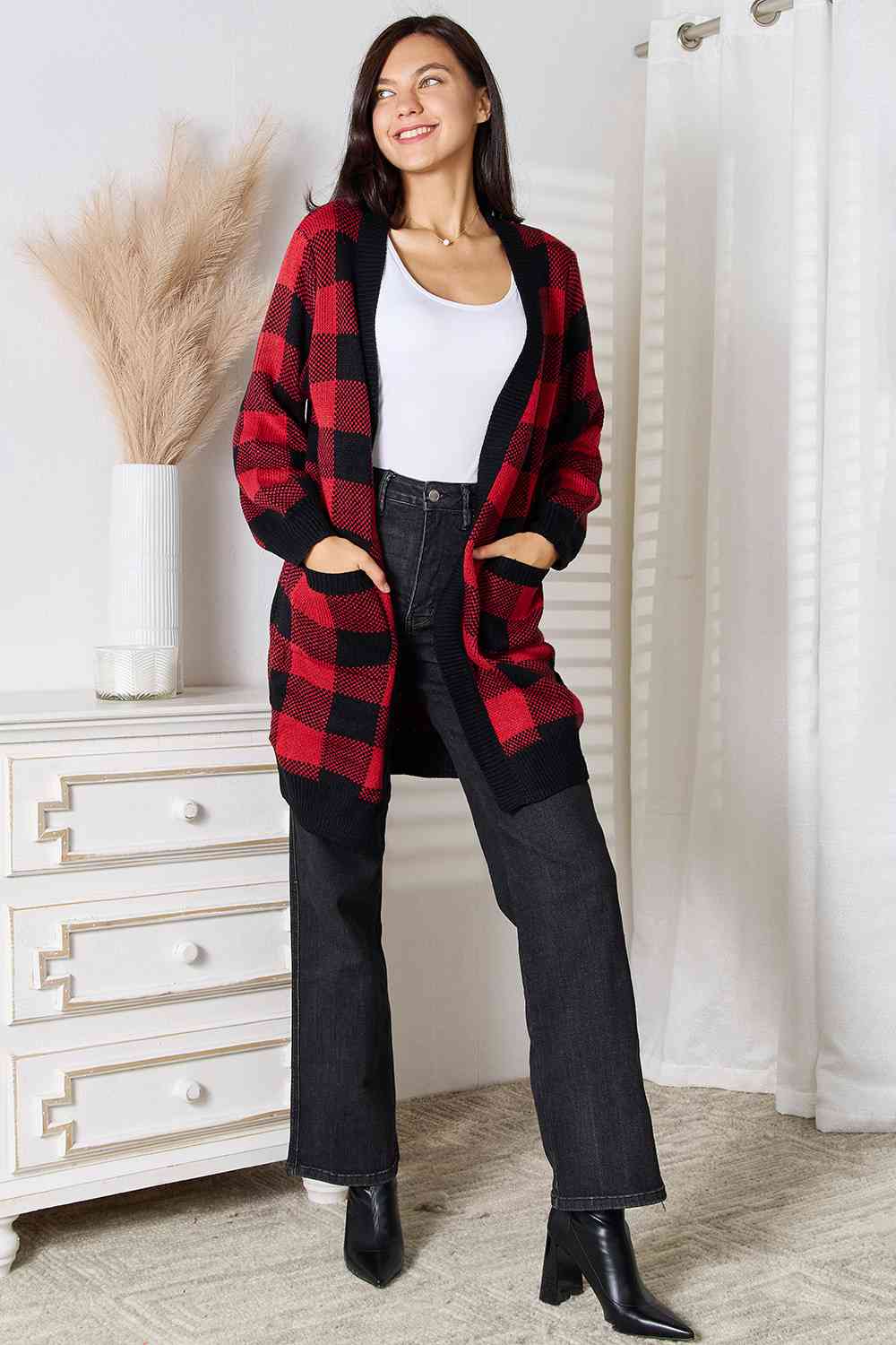 Plaid Open Front Cardigan with Pockets