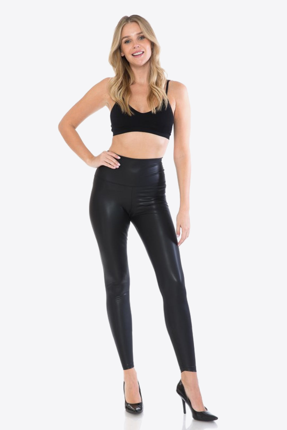 PU Leather Wide Waistband Leggings in Black