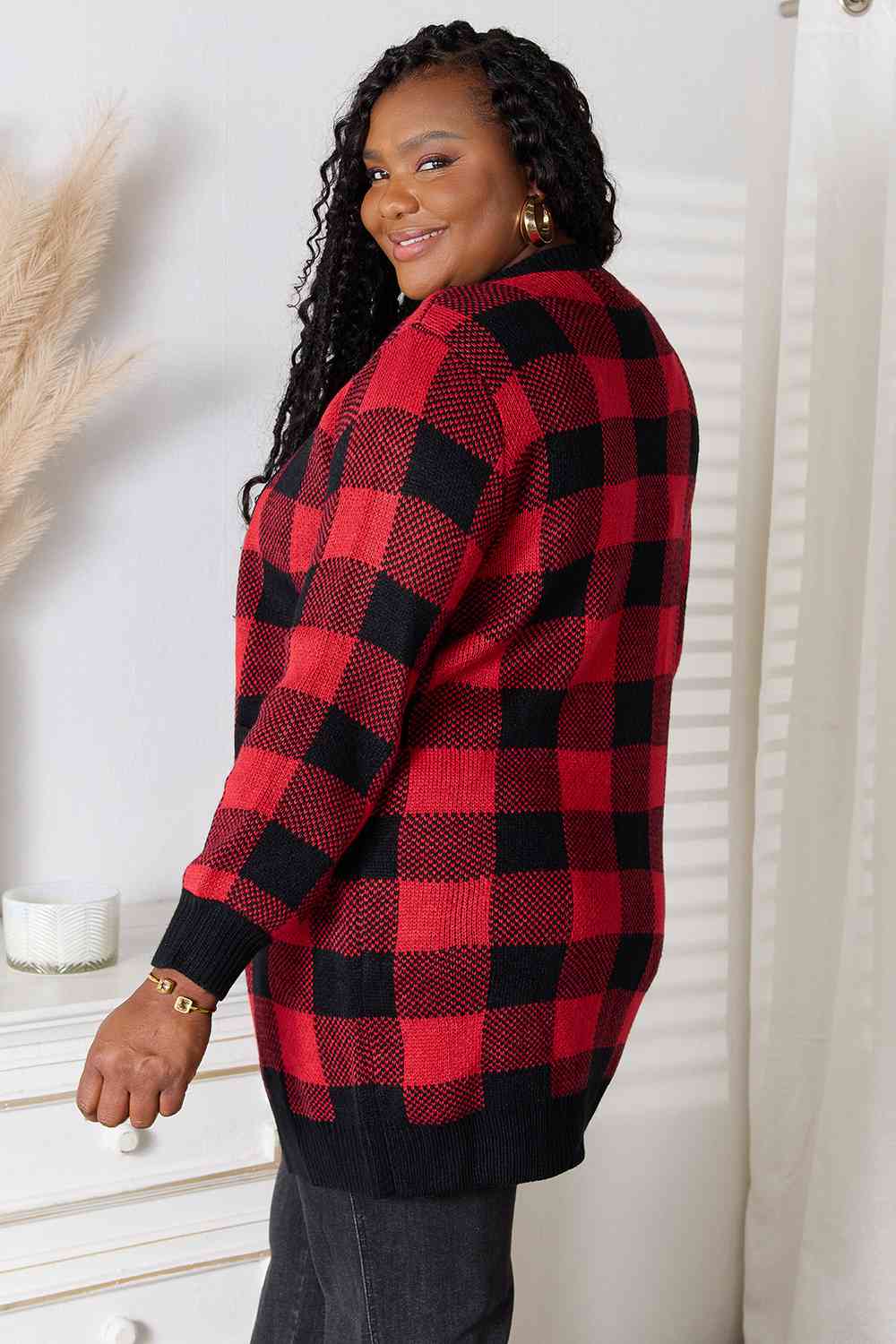 Plaid Open Front Cardigan with Pockets