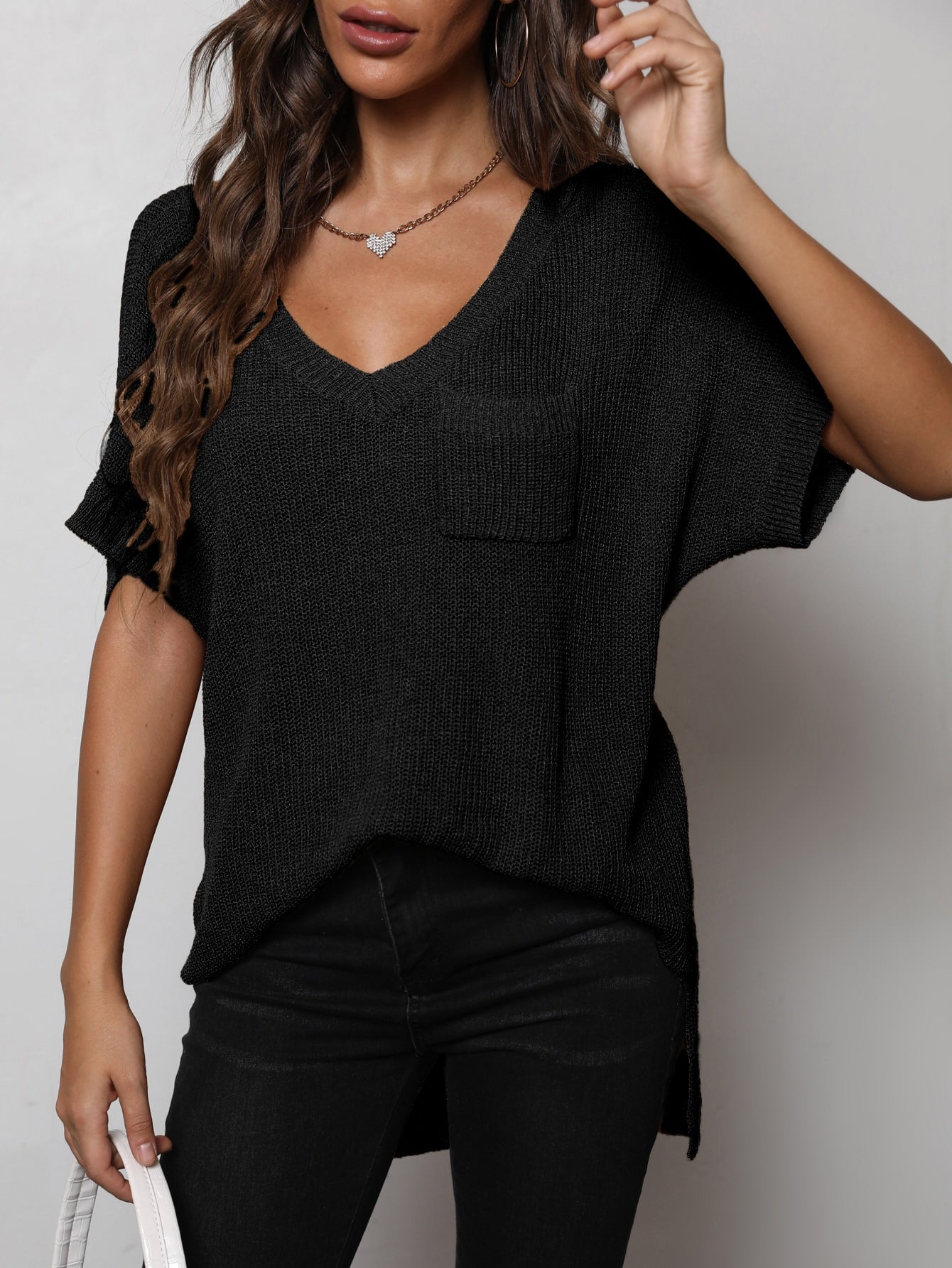 V-Neck Slit High-Low Knit Top