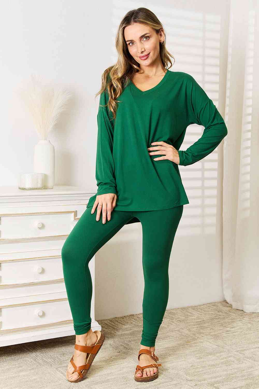Lazy Days Full Size Long Sleeve Top and Leggings Set in Dark Green