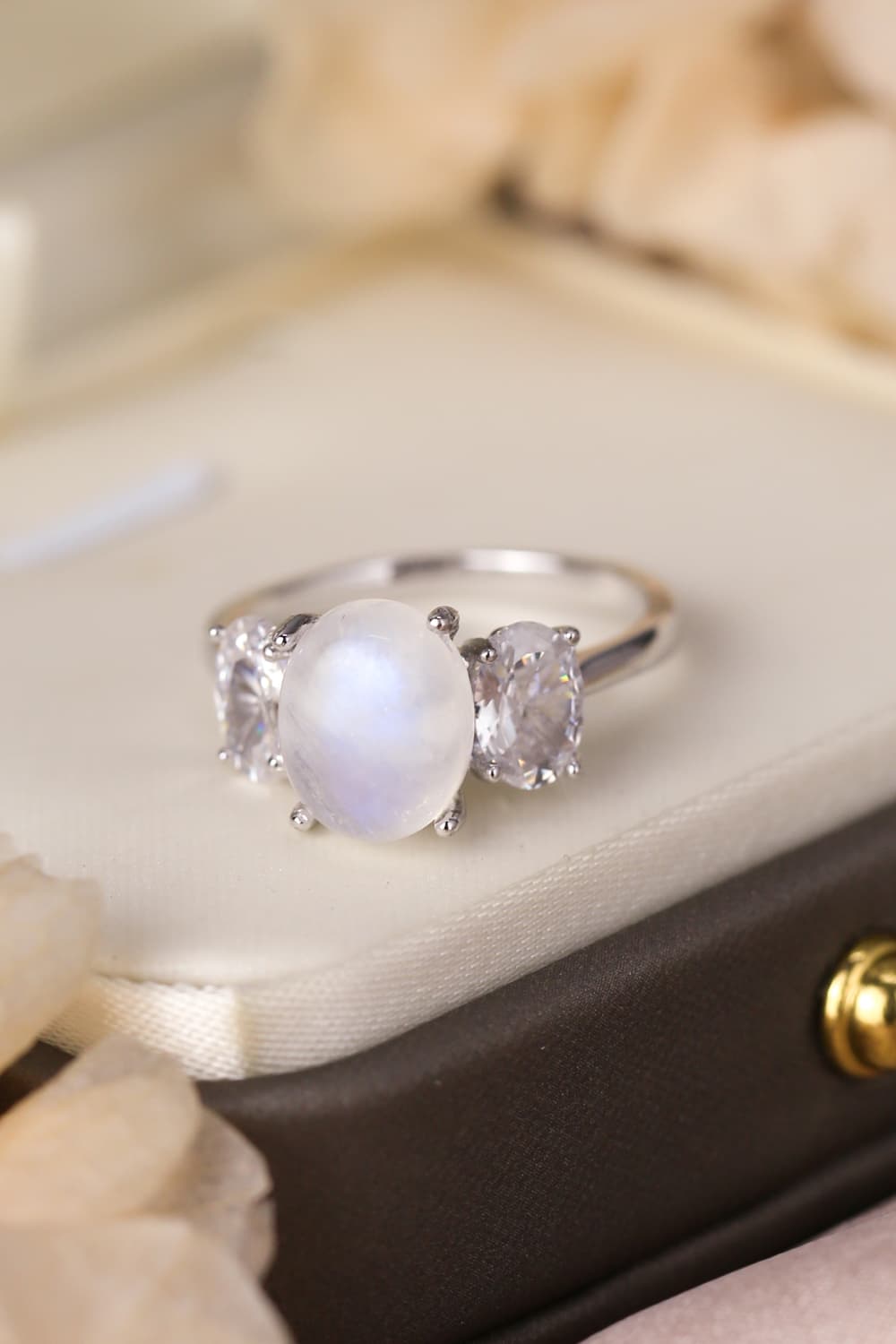 Natural Moonstone 925 Sterling Silver Three Stone Ring