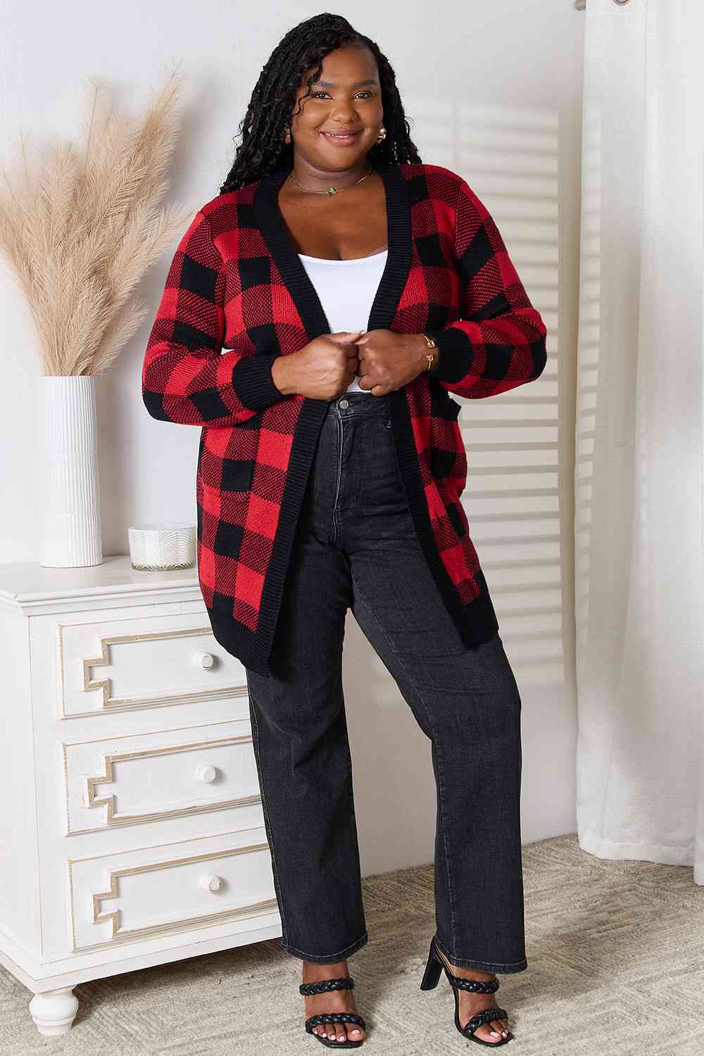 Plaid Open Front Cardigan with Pockets