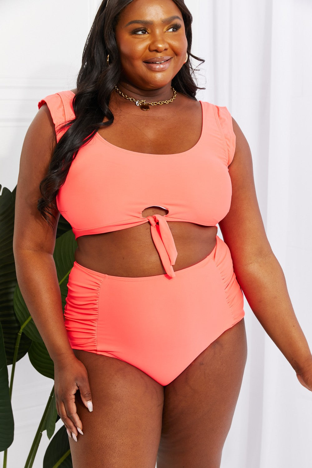 Sanibel Crop Swim Top and Ruched Bottoms Swimsuit in Coral