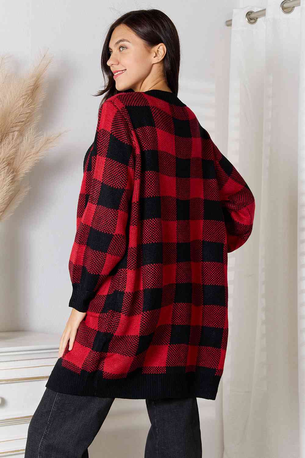Plaid Open Front Cardigan with Pockets