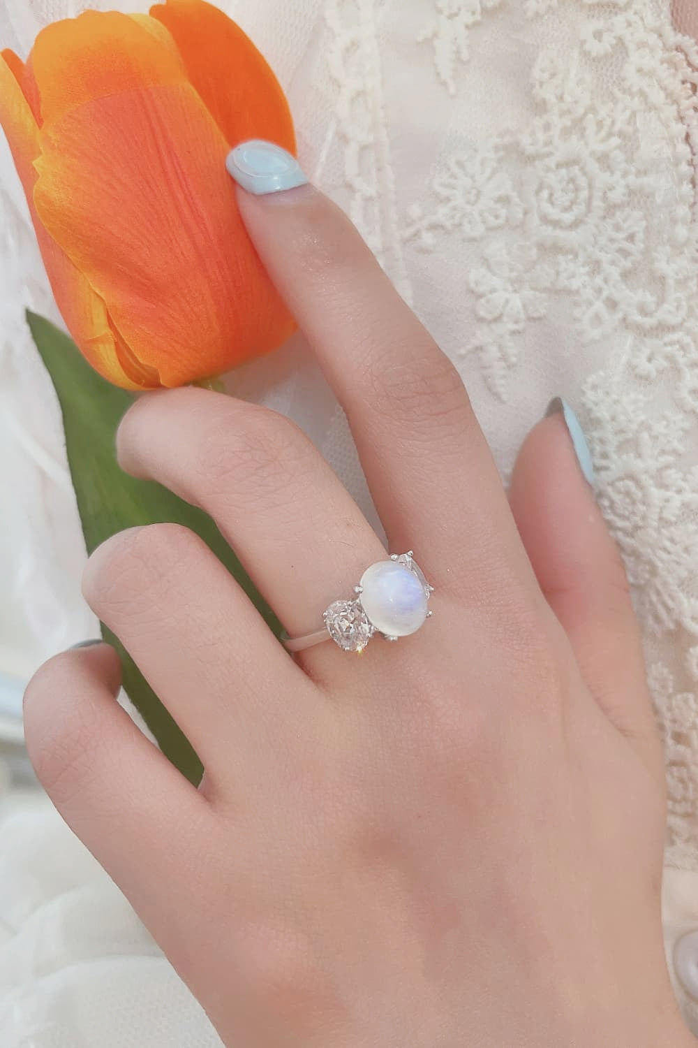 Natural Moonstone 925 Sterling Silver Three Stone Ring