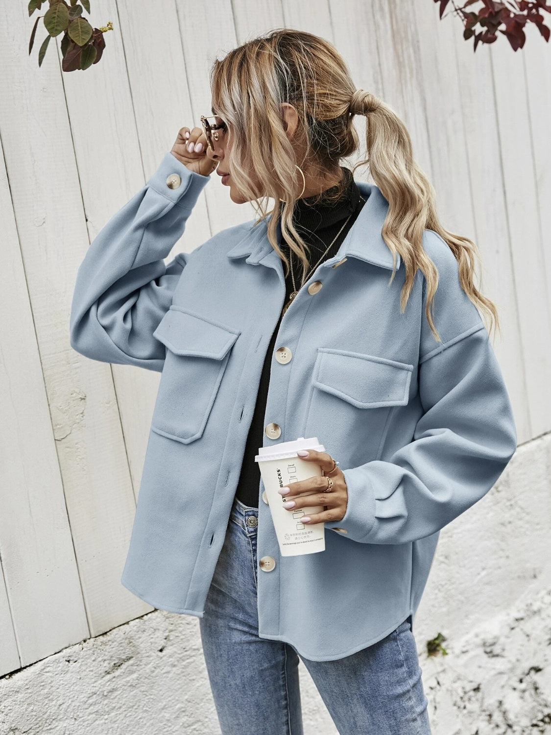 Dropped Shoulder Shacket with Pockets