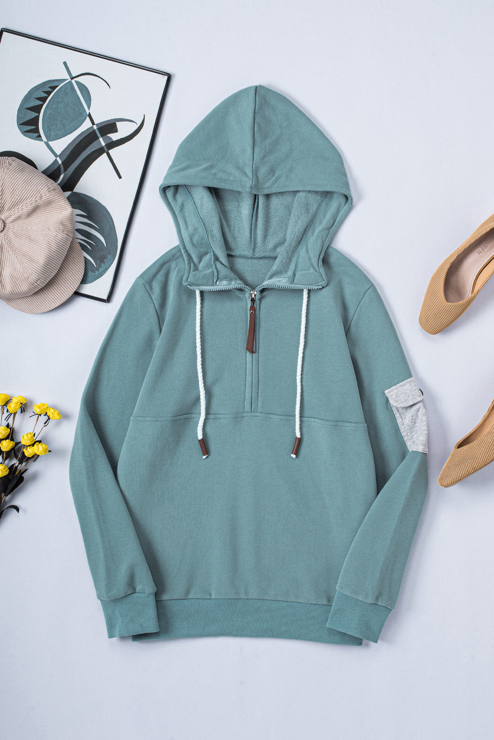 Half Zip Patch Pocket Hoodie