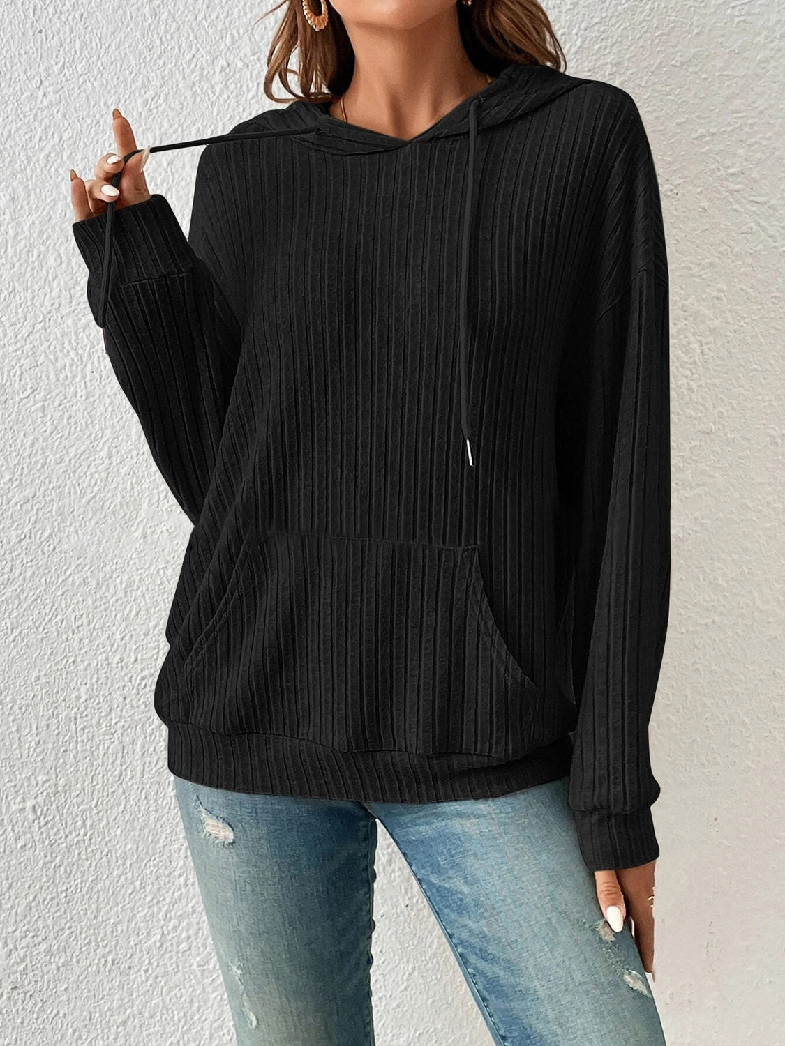 Ribbed Dropped Shoulder Hoodie