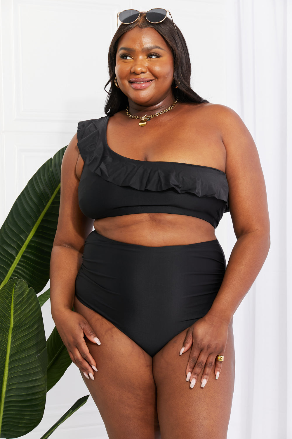 Seaside Romance Ruffle One-Shoulder Swimsuit Bikini in Black