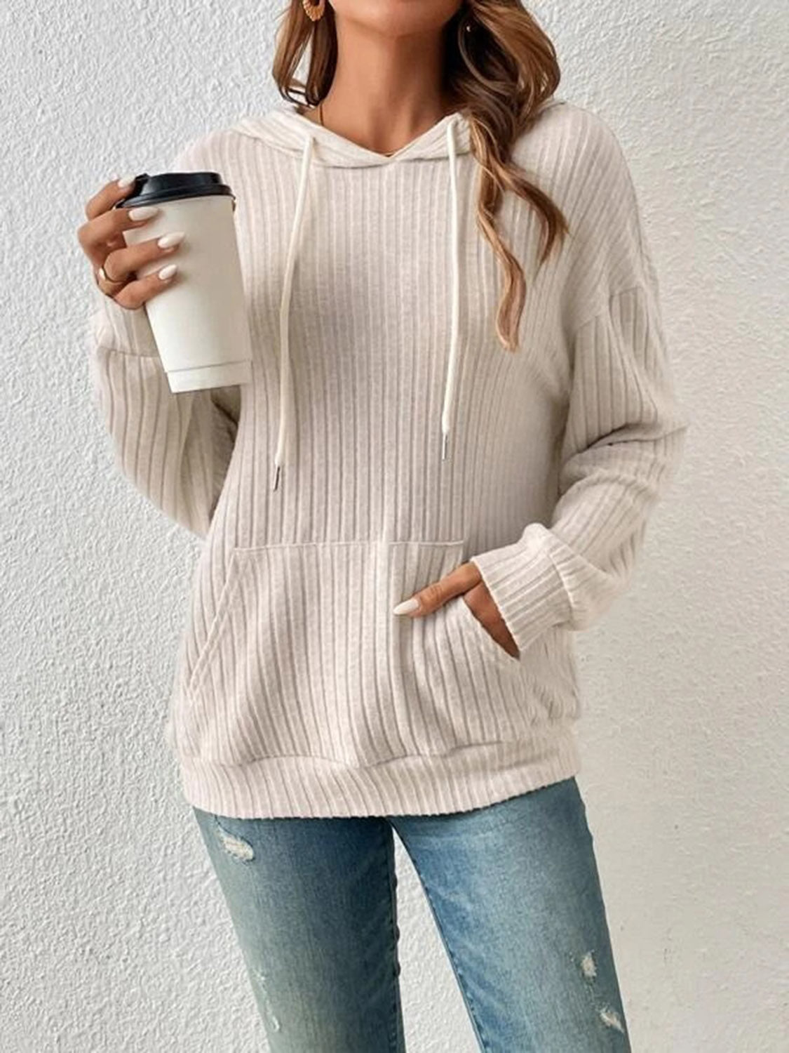 Ribbed Dropped Shoulder Hoodie