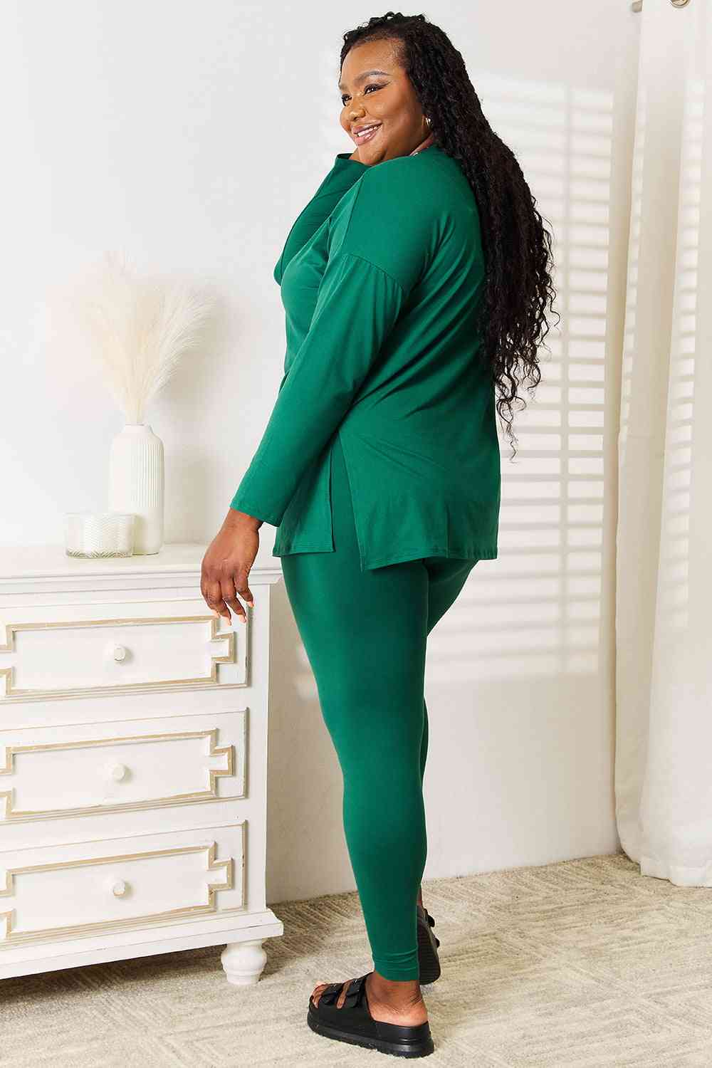 Lazy Days Full Size Long Sleeve Top and Leggings Set in Dark Green