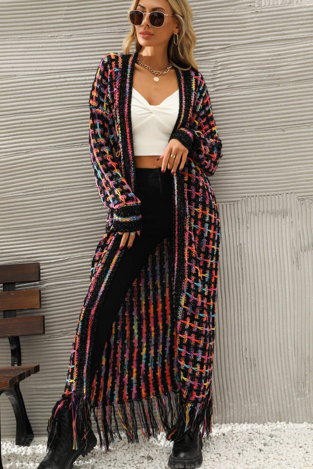 Multicolored Open Front Hem Cardigan