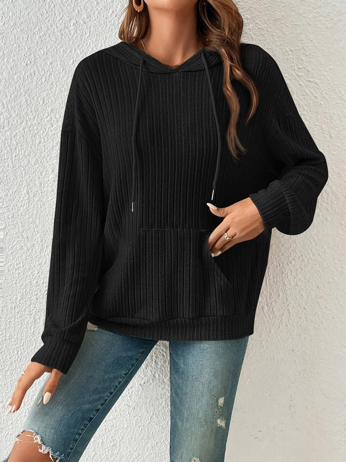 Ribbed Dropped Shoulder Hoodie