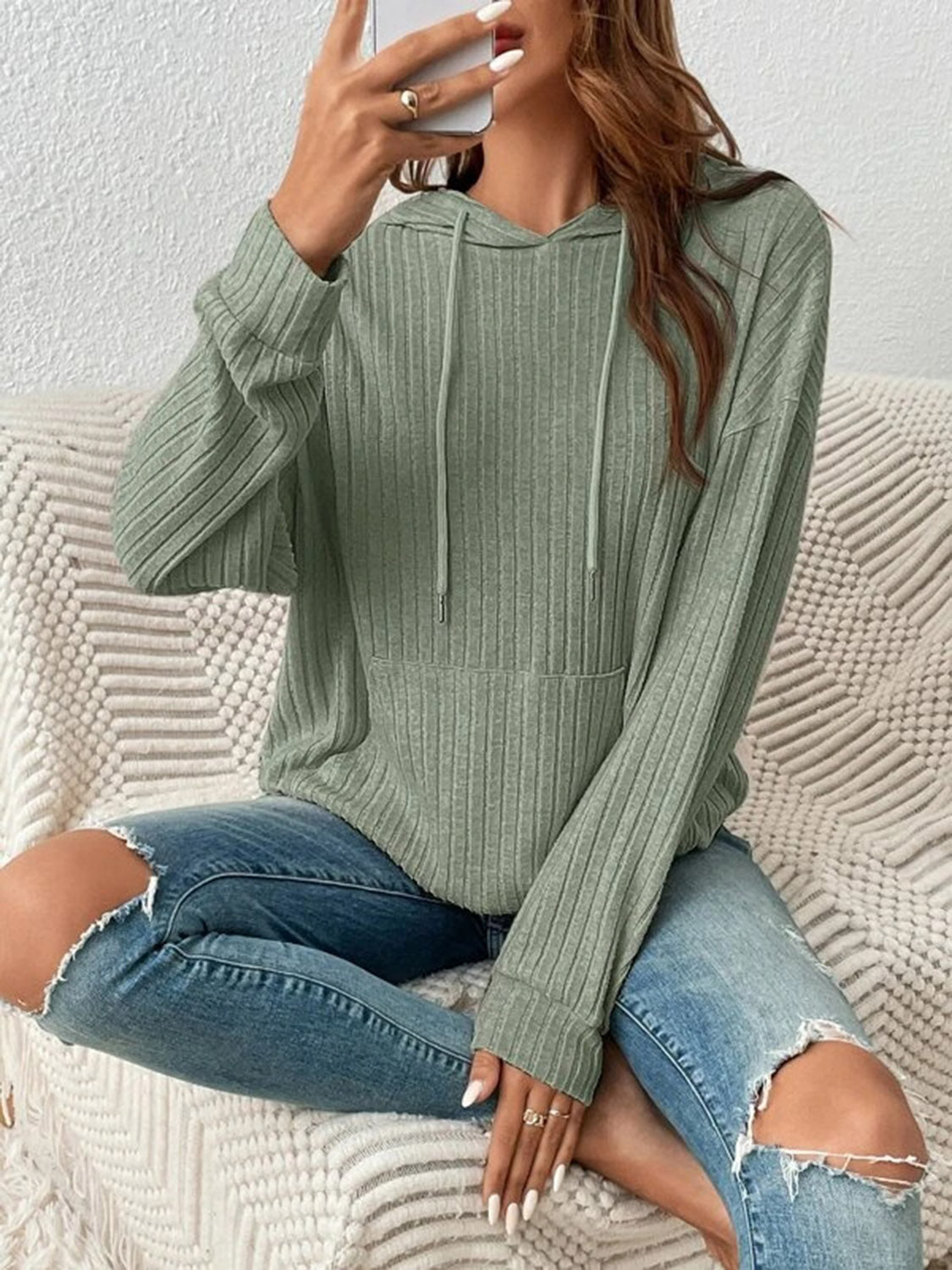 Ribbed Dropped Shoulder Hoodie
