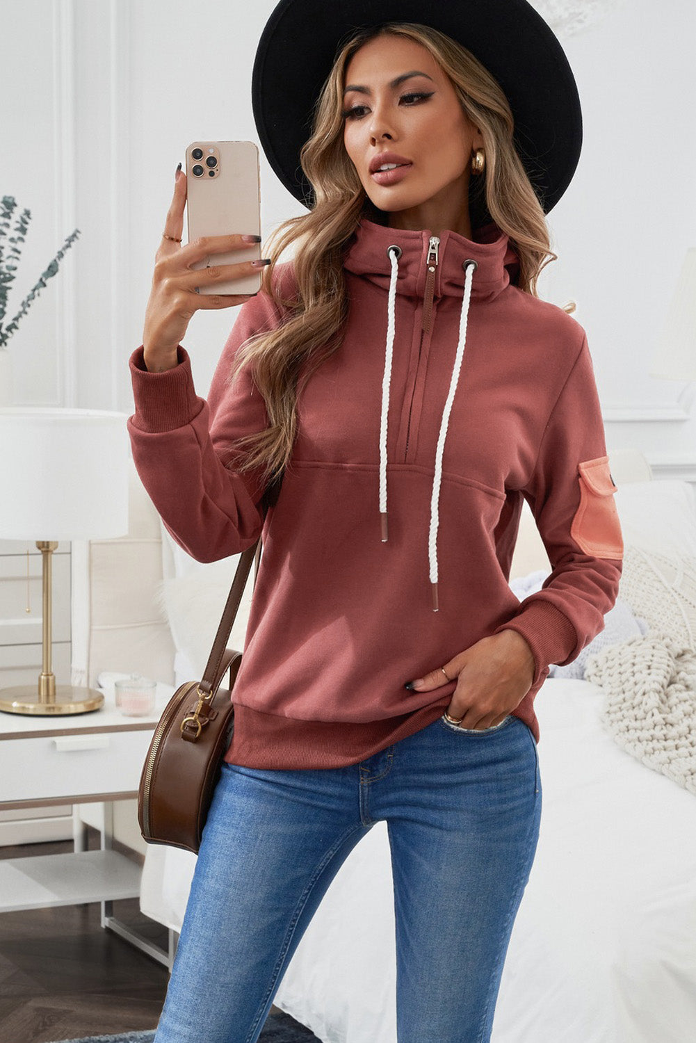 Half Zip Patch Pocket Hoodie