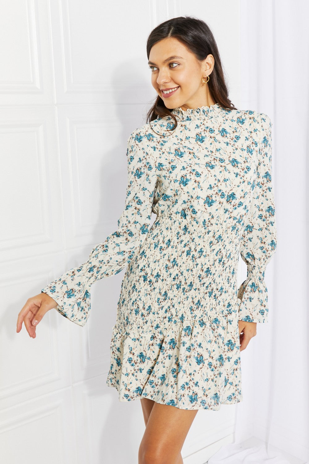 Floral Smocked Mock Neck Mini Dress