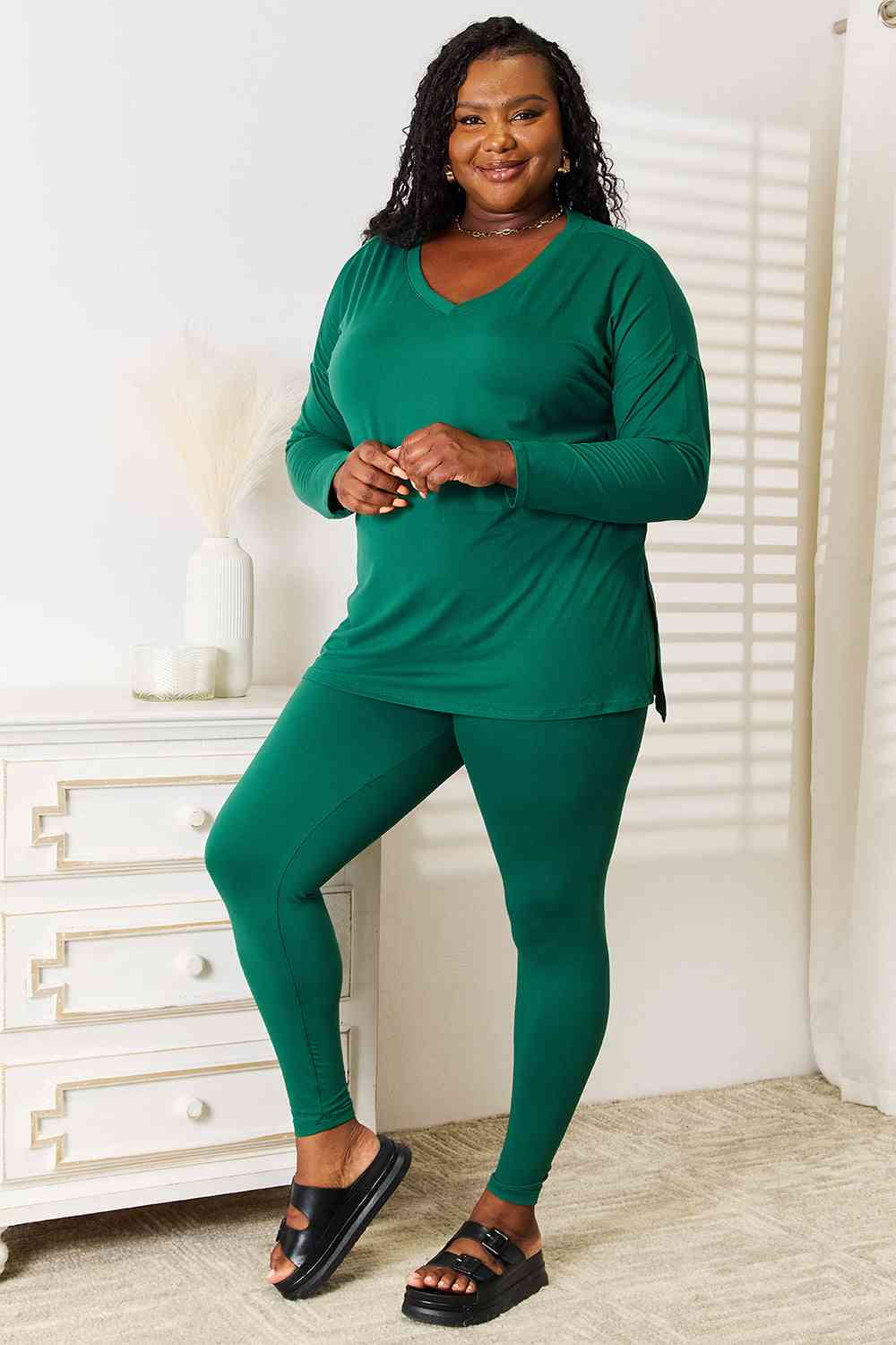 Lazy Days Full Size Long Sleeve Top and Leggings Set in Dark Green