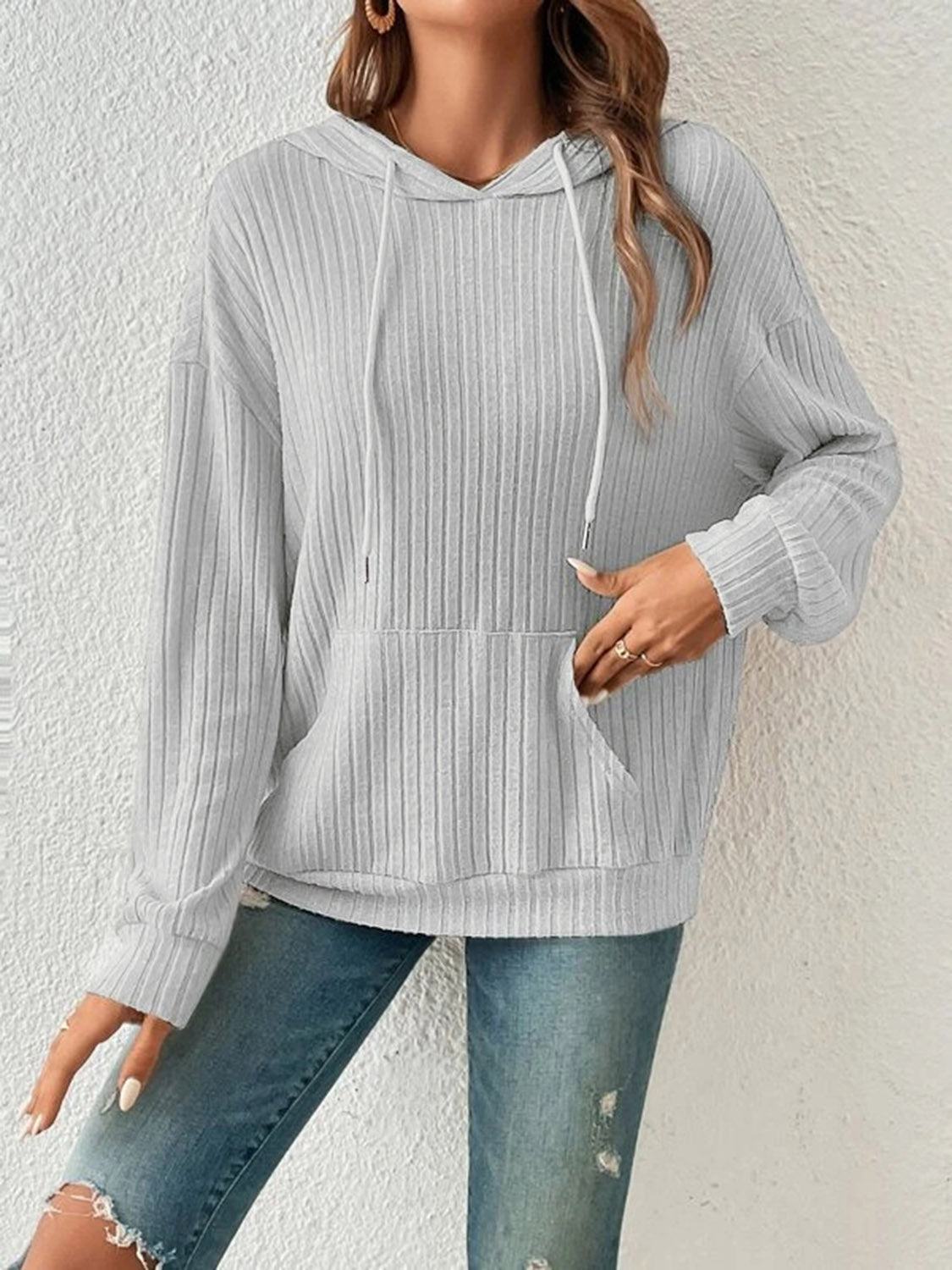 Ribbed Dropped Shoulder Hoodie