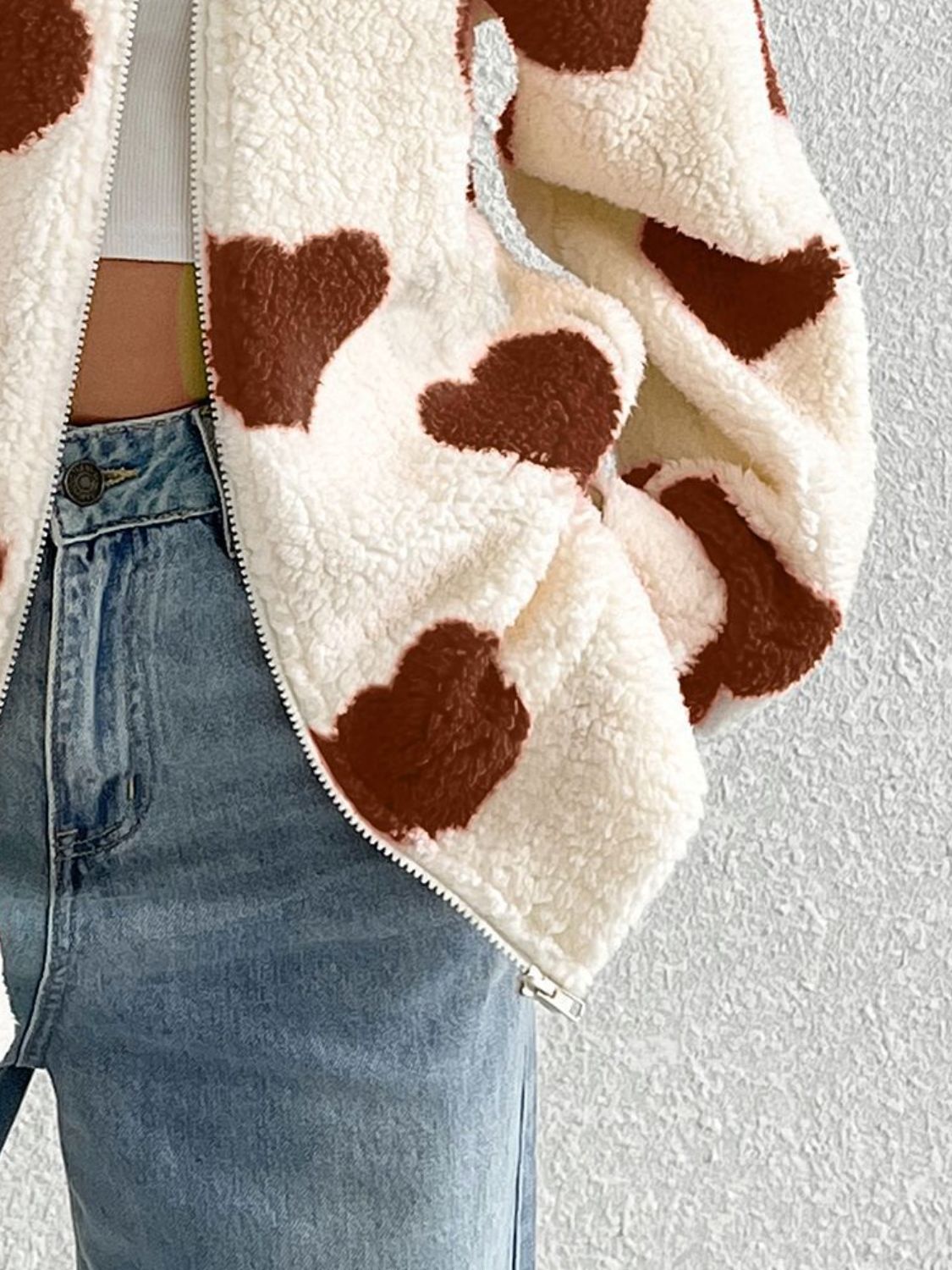 PREORDER Heart Zip Up Drop Shoulder Furry Jacket