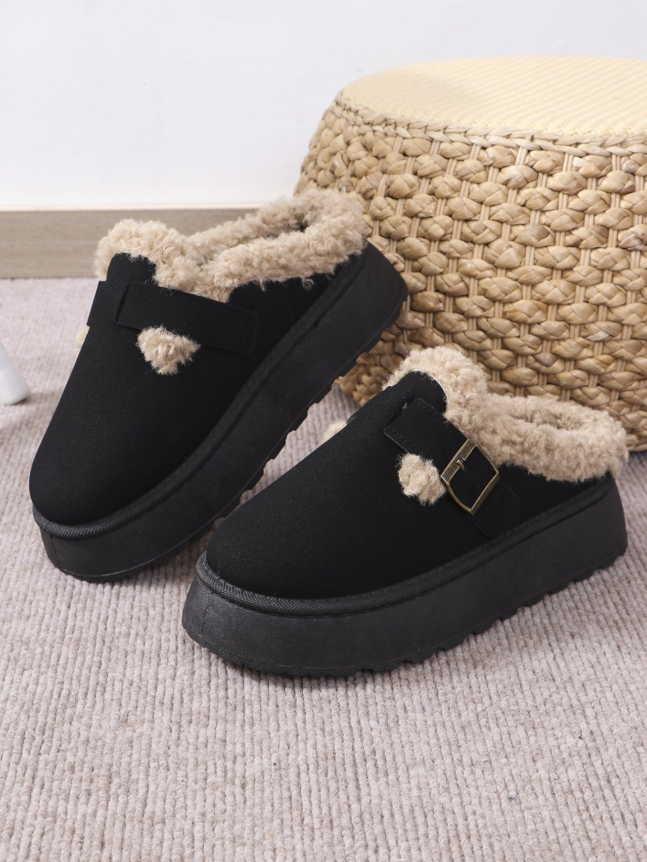 PREORDER Thermal Fuzzy Buckle Platform Slippers